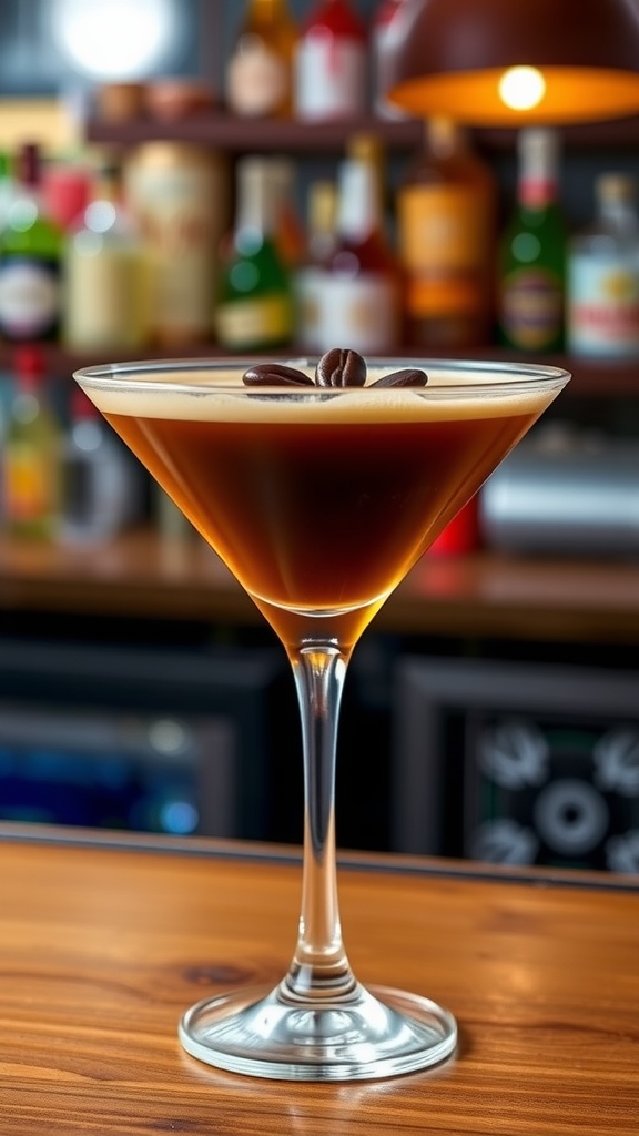 Tequila Espresso Martini in a glass with coffee beans garnish, on a bar counter.